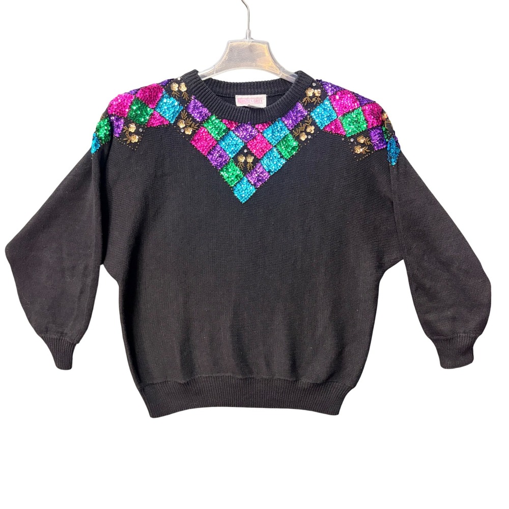 Vintage 80s Sequin Harlequin Sweater, Colorful‎ Black Cotton Ramie Plus Size 20W